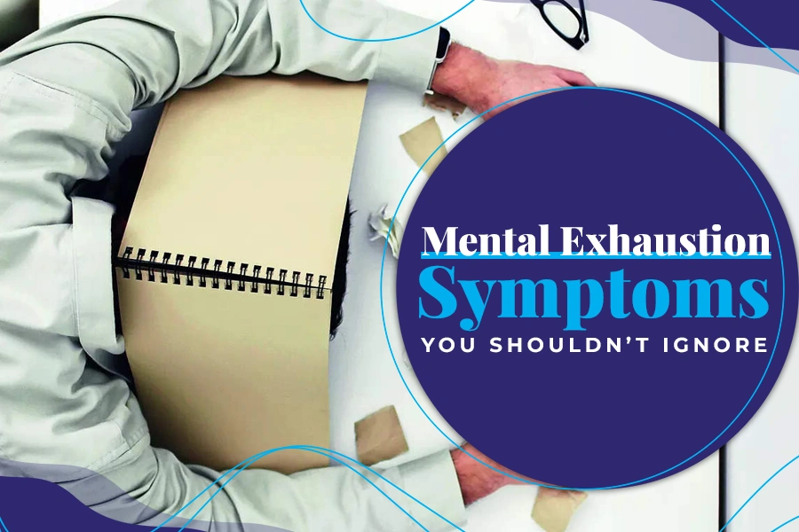 Signs of mental exhaustion and burnout at work – awareness poster.