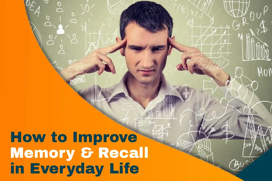 Man practicing mental exercises to strengthen memory retention and recall, surrounded by creative brain and intelligence symbols.