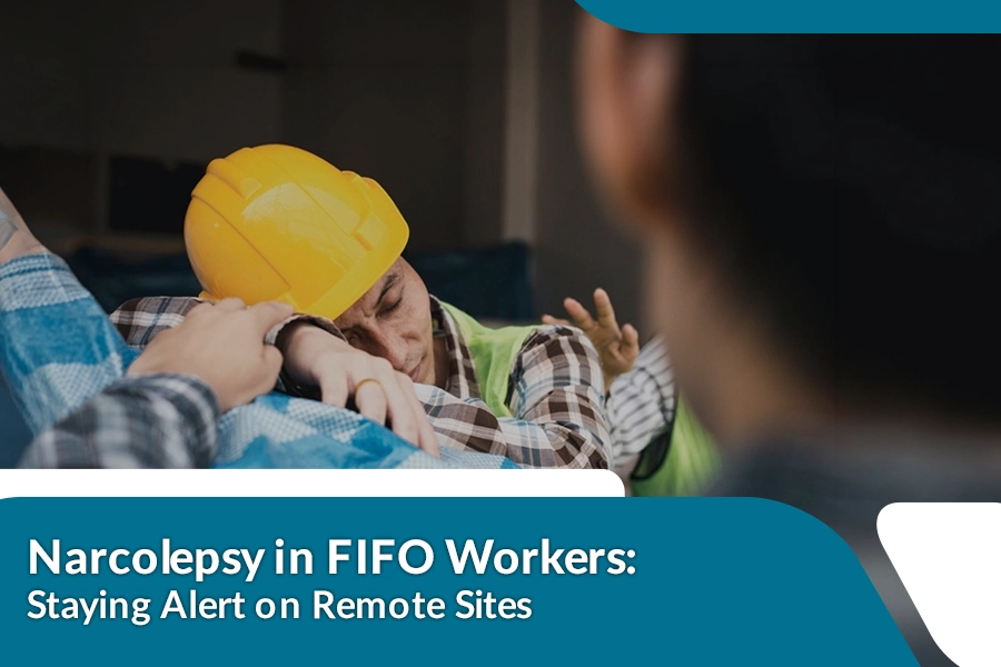 Fatigued laborer asleep in safety vest and helmet with caption about narcolepsy in remote work settings