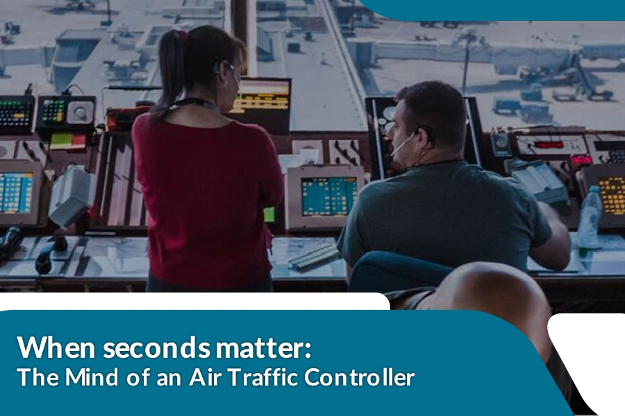 Air traffic controllers managing flights in a high-pressure control tower environment